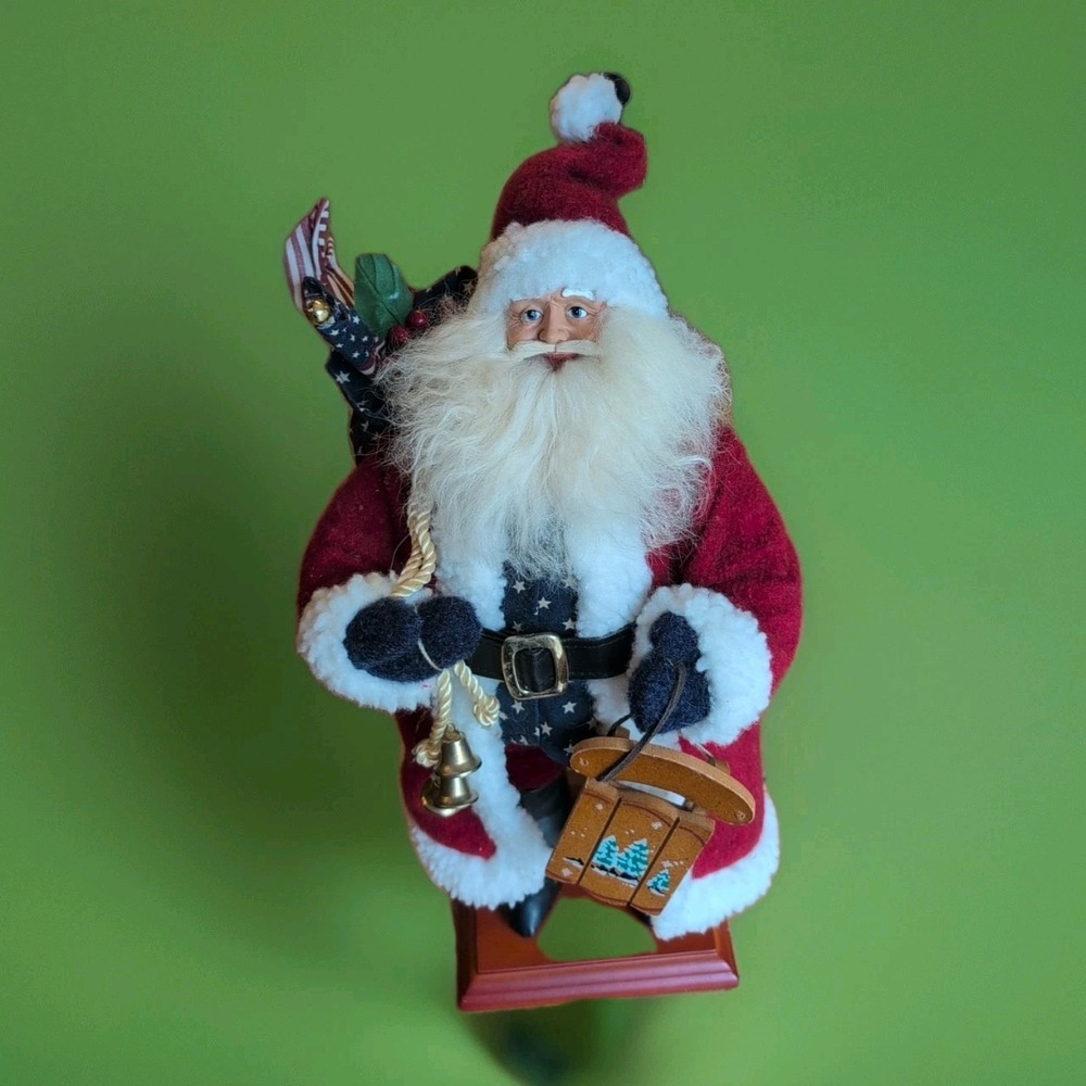 Vntg Santa 18" On Wood Base Slegh gift sack, Toys porcelain Face Red Jacket